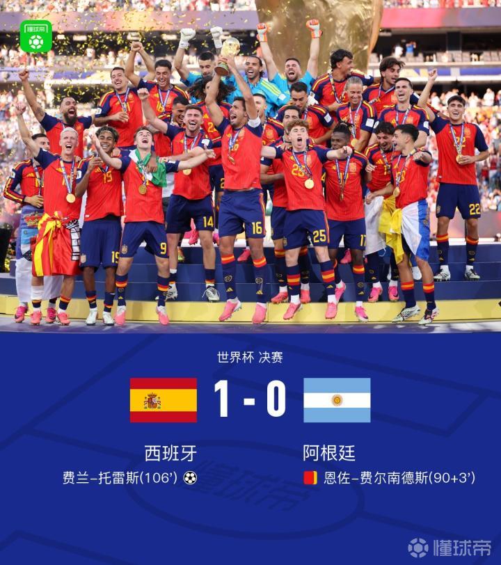 西班牙1-0阿根廷夺得第二冠,费兰绝杀恩佐染红