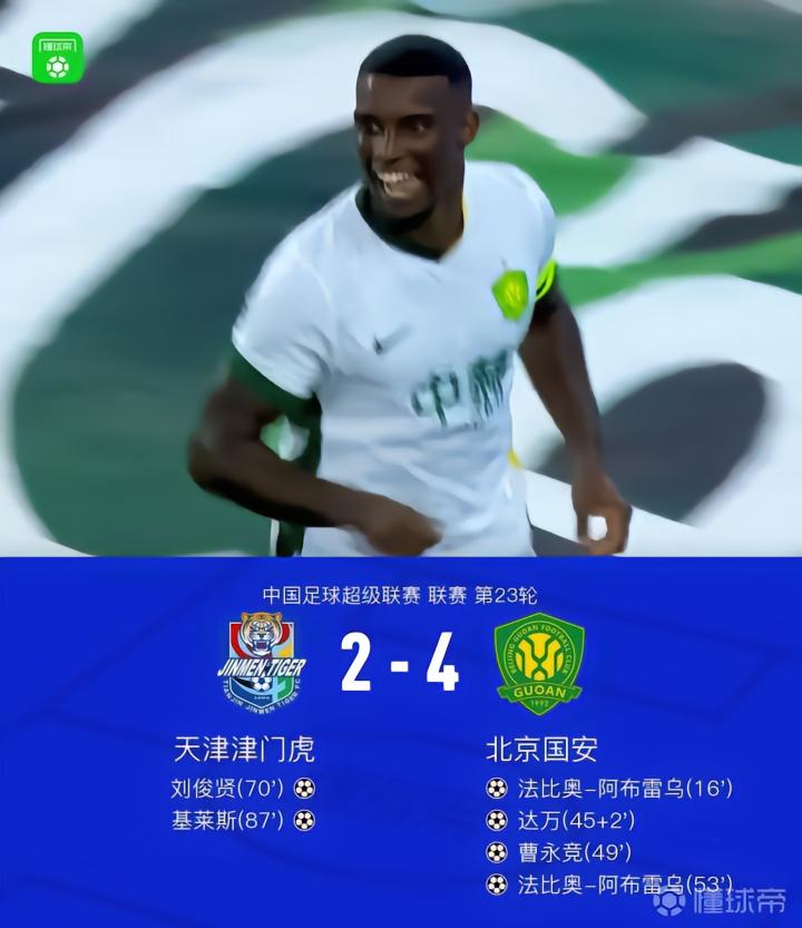 国安客场4-2战胜津门虎,法比奥表现出色,助球队取得三连胜