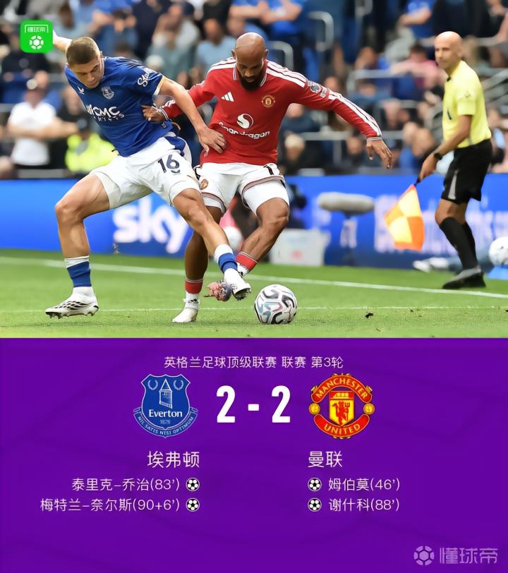 曼联客场2-2战平埃弗顿，姆伯莫与奈尔斯闪耀全场