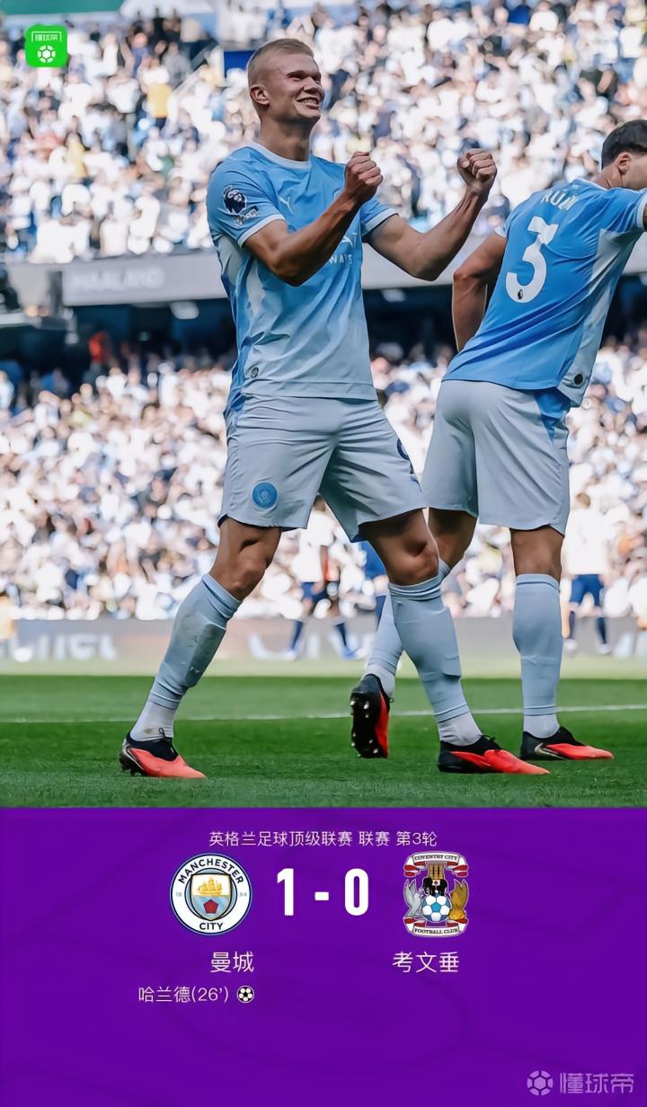曼城1-0考文垂，哈兰德头球破门，恩佐首秀